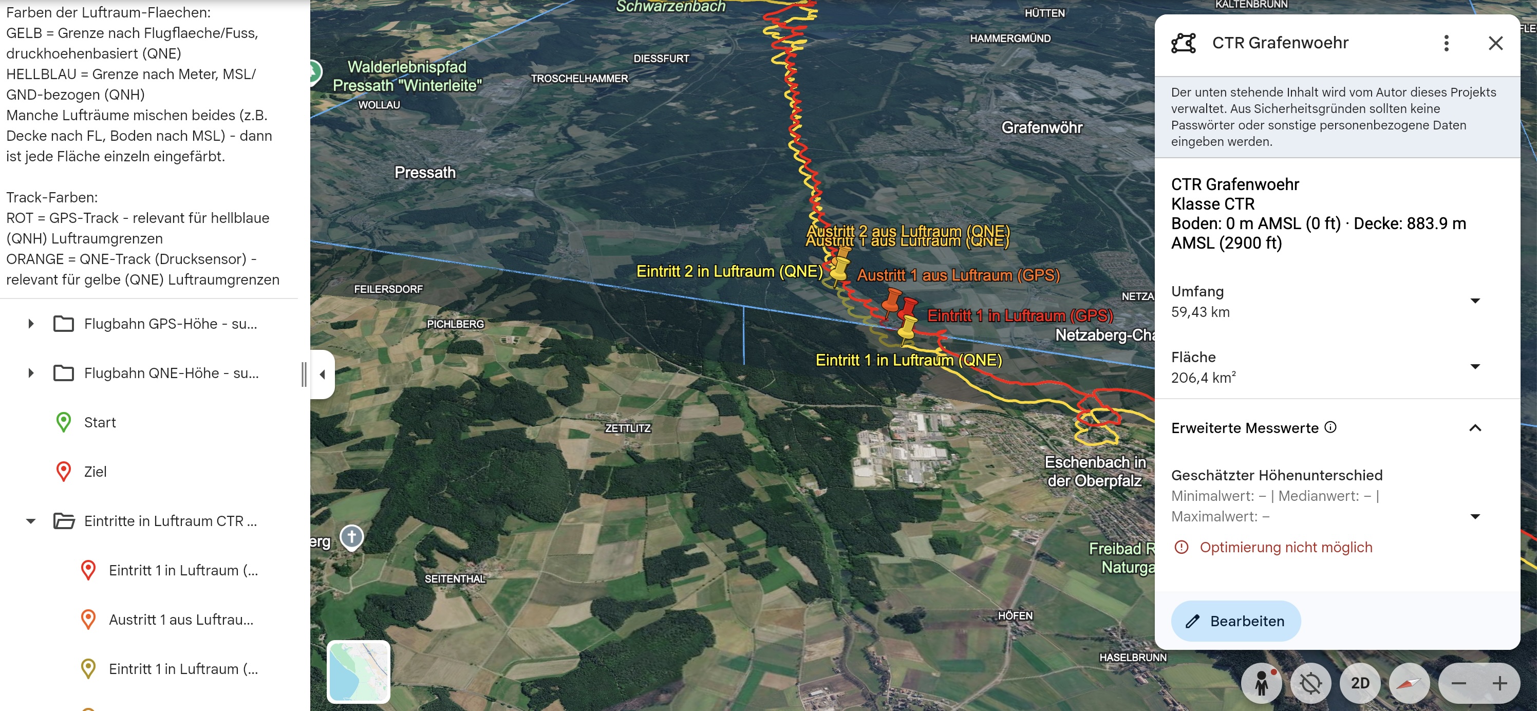 3D-Ansicht eines Luftraum-Verstoßes in Google Earth mit GPS- und QNE-Track