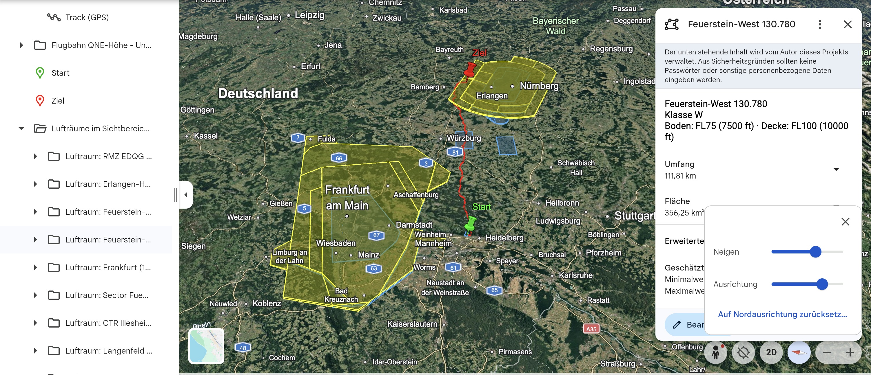 3D-Visualisierung eines kompletten Flugs mit allen umliegenden Lufträumen in Google Earth, gelb und hellblau eingefärbt